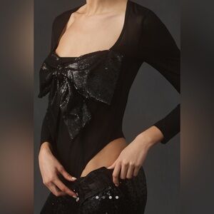 By Anthropologie Black Sequins Bow Bodysuit
